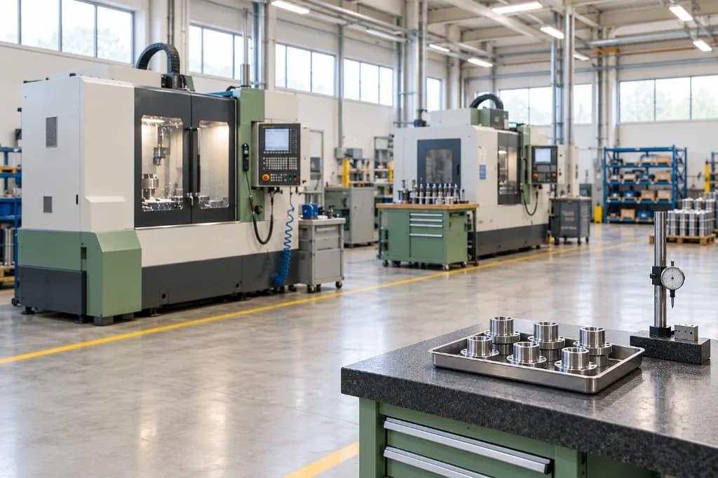 Machining stations, finished components and a quality inspection bench on a production floor