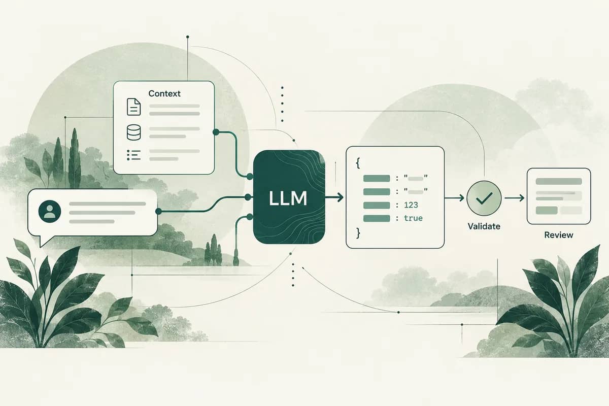 Language model integration with context, validation and review