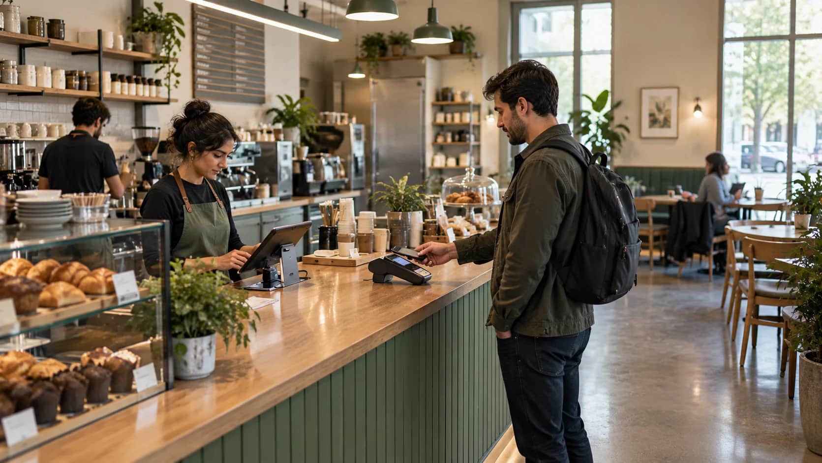 A customer making a contactless payment at a café