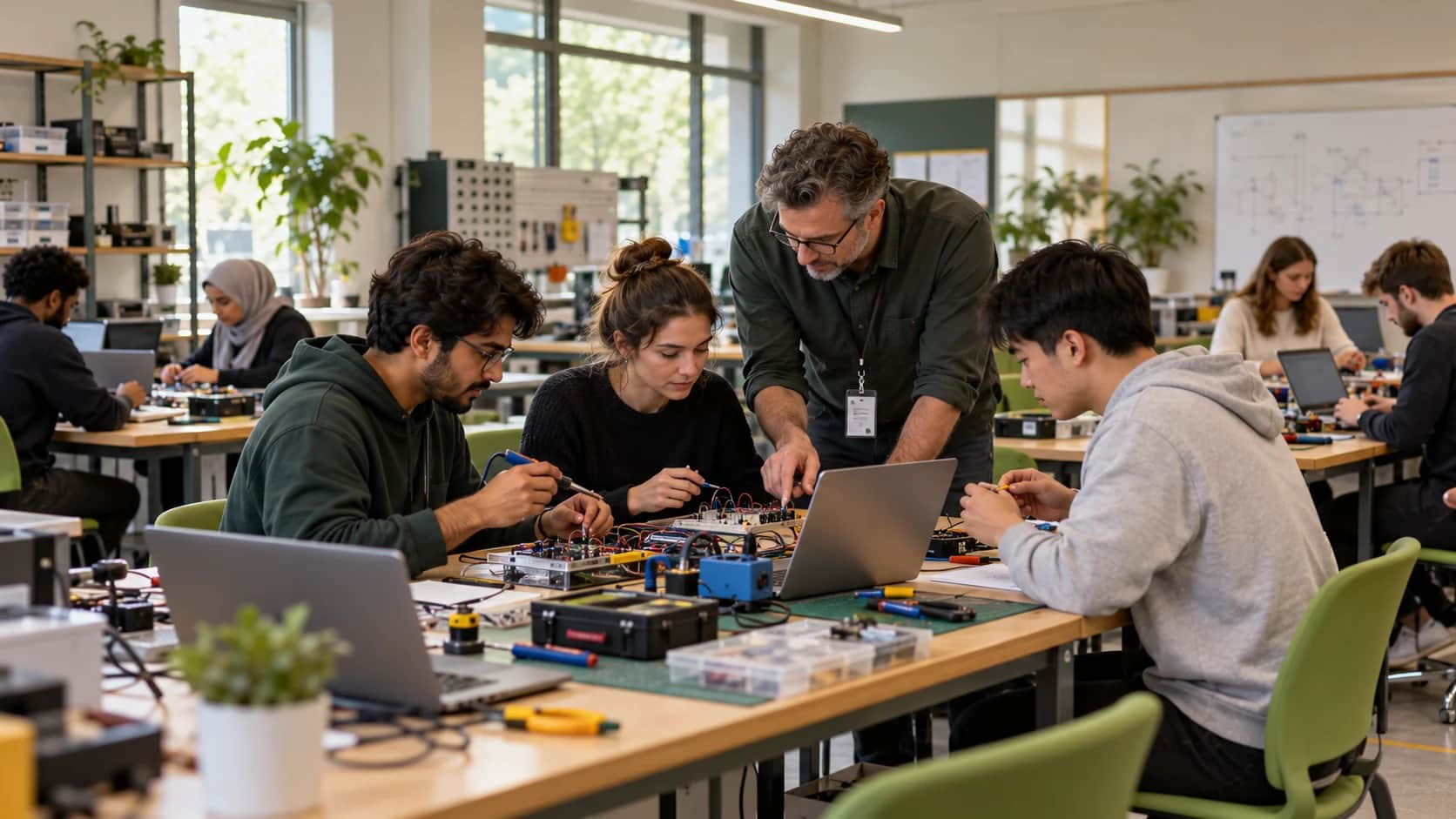 An instructor helping students with an electronics project