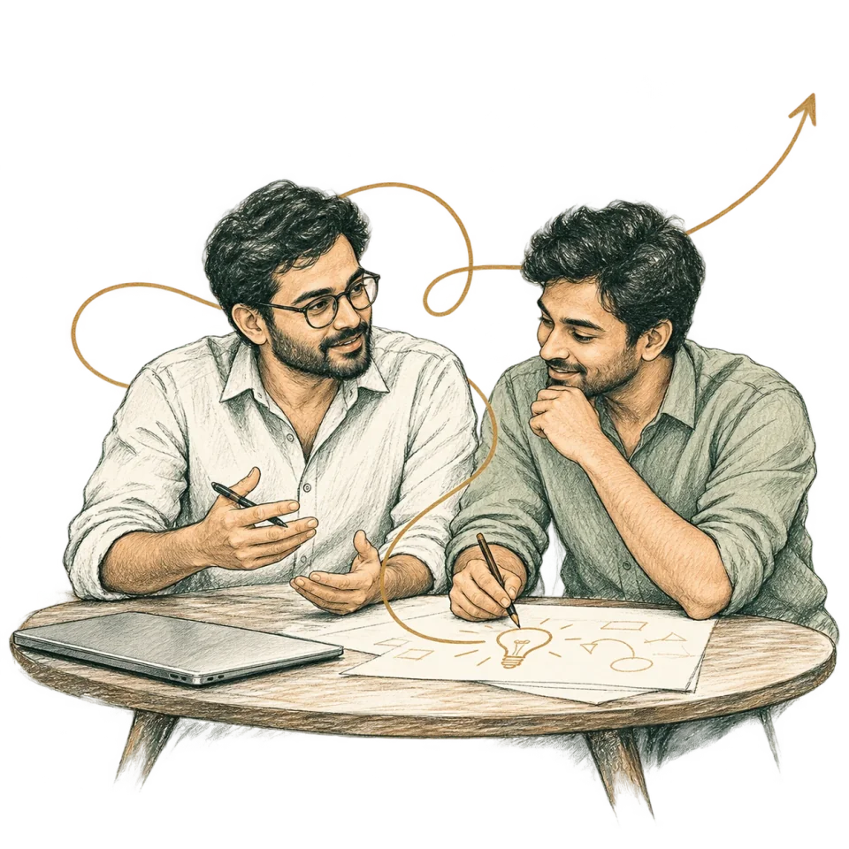 Conceptual hand-drawn illustration of two founders developing an idea together